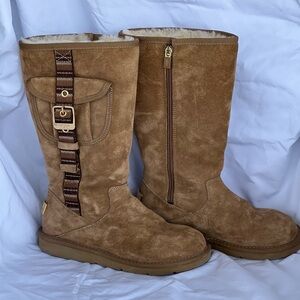 UGG Retro Cargo Chestnut Suede Boots with Pocket and Buckle, Plush Lining